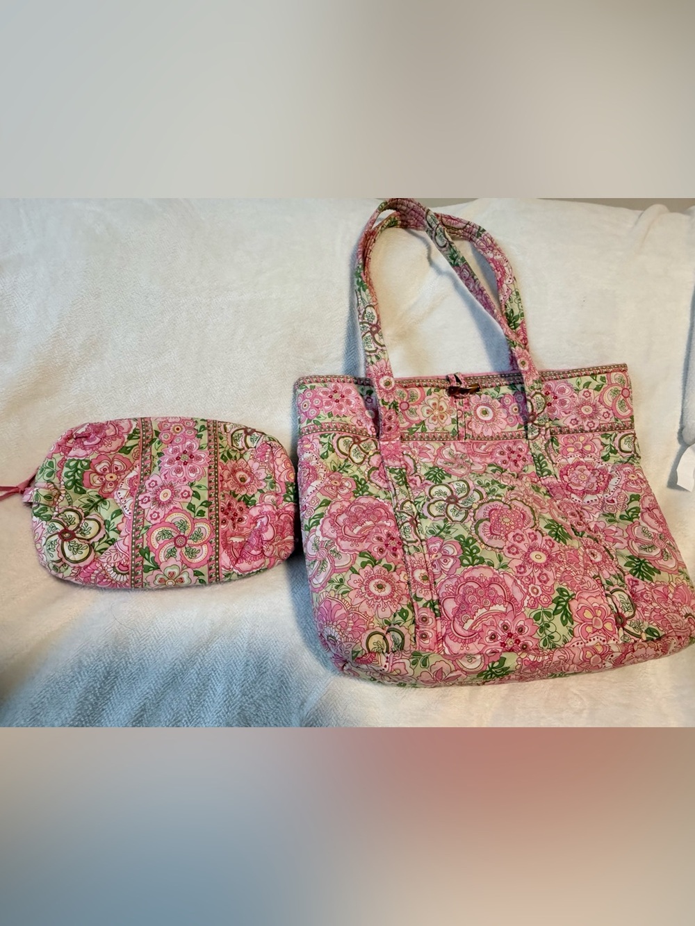 Vera Bradley petal pink large tote and cosmetic bag